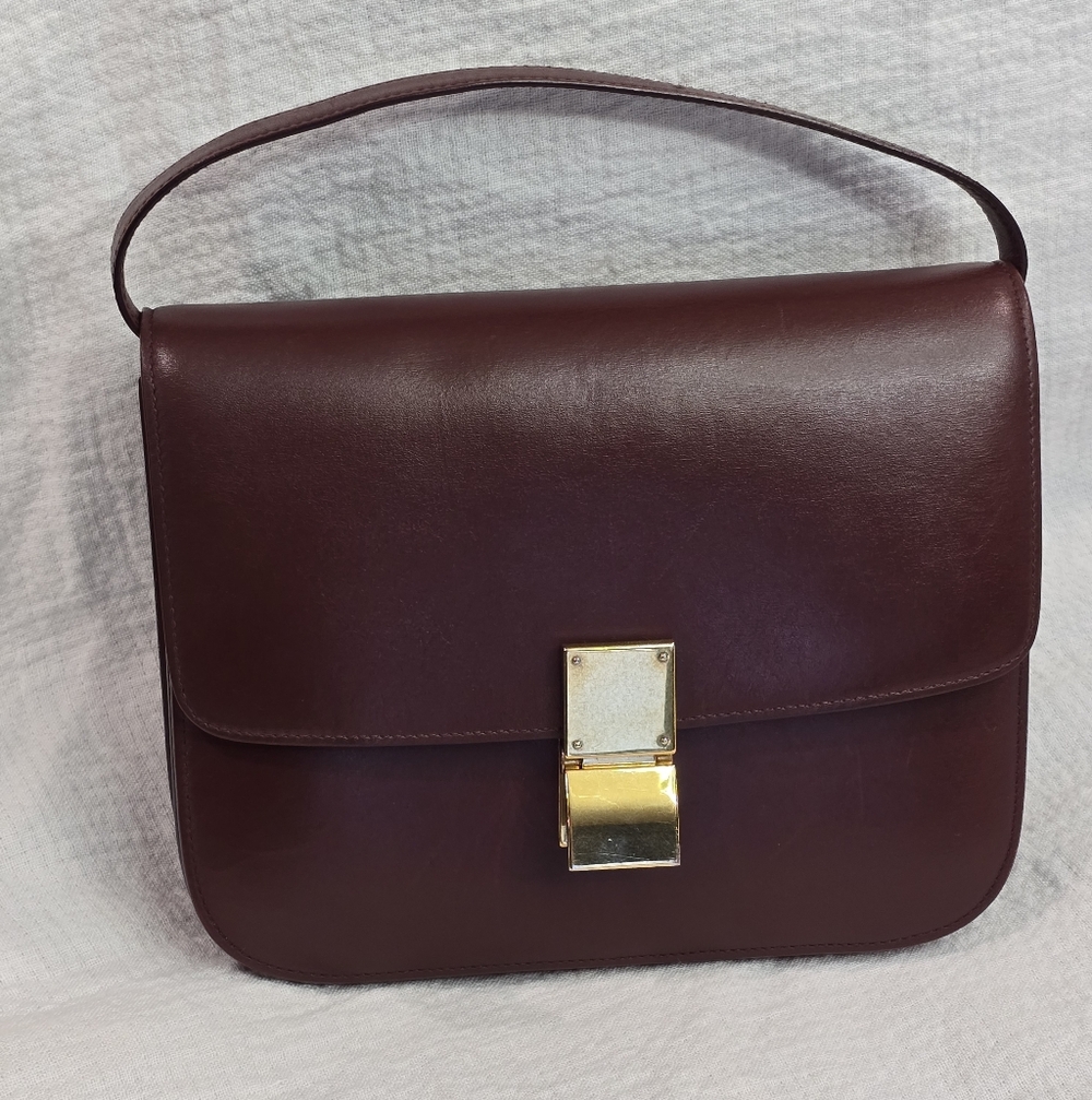 Celine Classic Box Leather Medium Bag Flap Purse Teen Triomphe Burgandy Brown - Picture 11 of 16